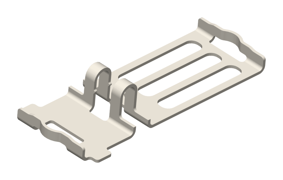 Metal medical stamped part featuring a flat profile that slightly lifts at both ends, three elongated slots on the right side, and a curved raised middle section.