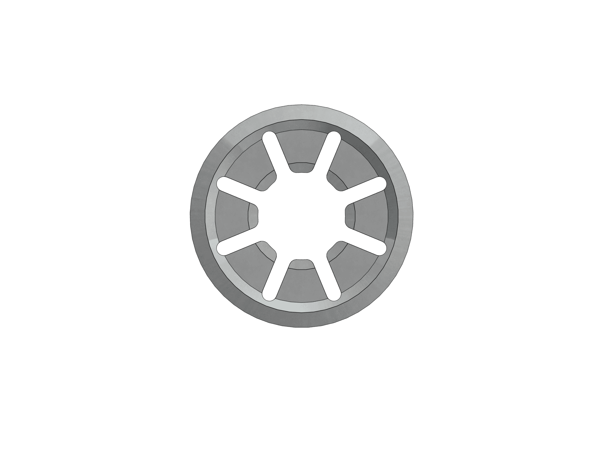 Star washer, also known as a push-on retaining ring, with a flat outer rim and six inward pointing tapered teeth around a central opening.