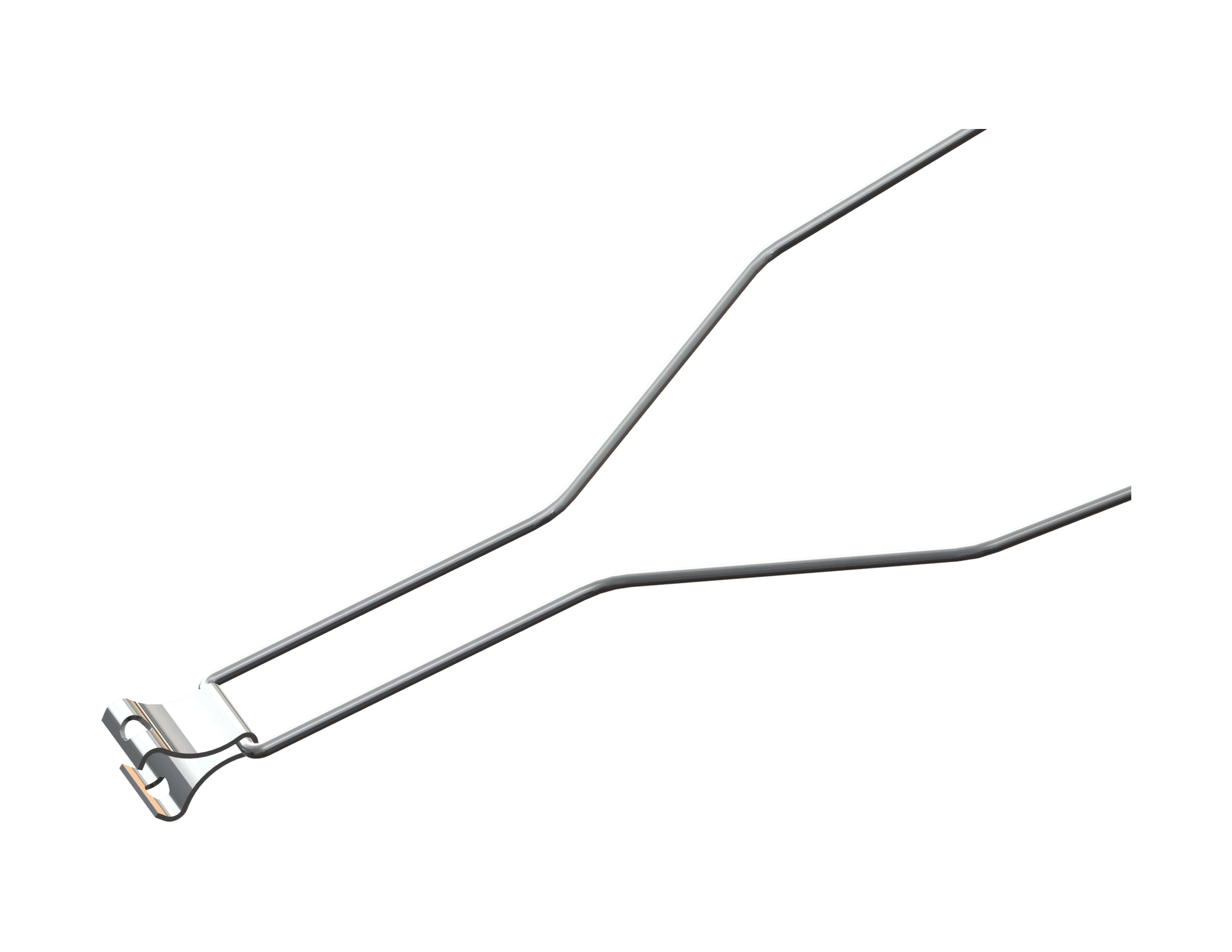 Orthodontic Steiner rotation wedge shown as a small slotted metal wedge mounted at the end of a long doubled-over ligature wire that angles off toward the upper right.