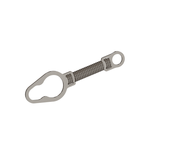 Orthodontic TAD spring featuring a tightly coiled center section with a small round eyelet on one end and a larger contoured loop on the other.