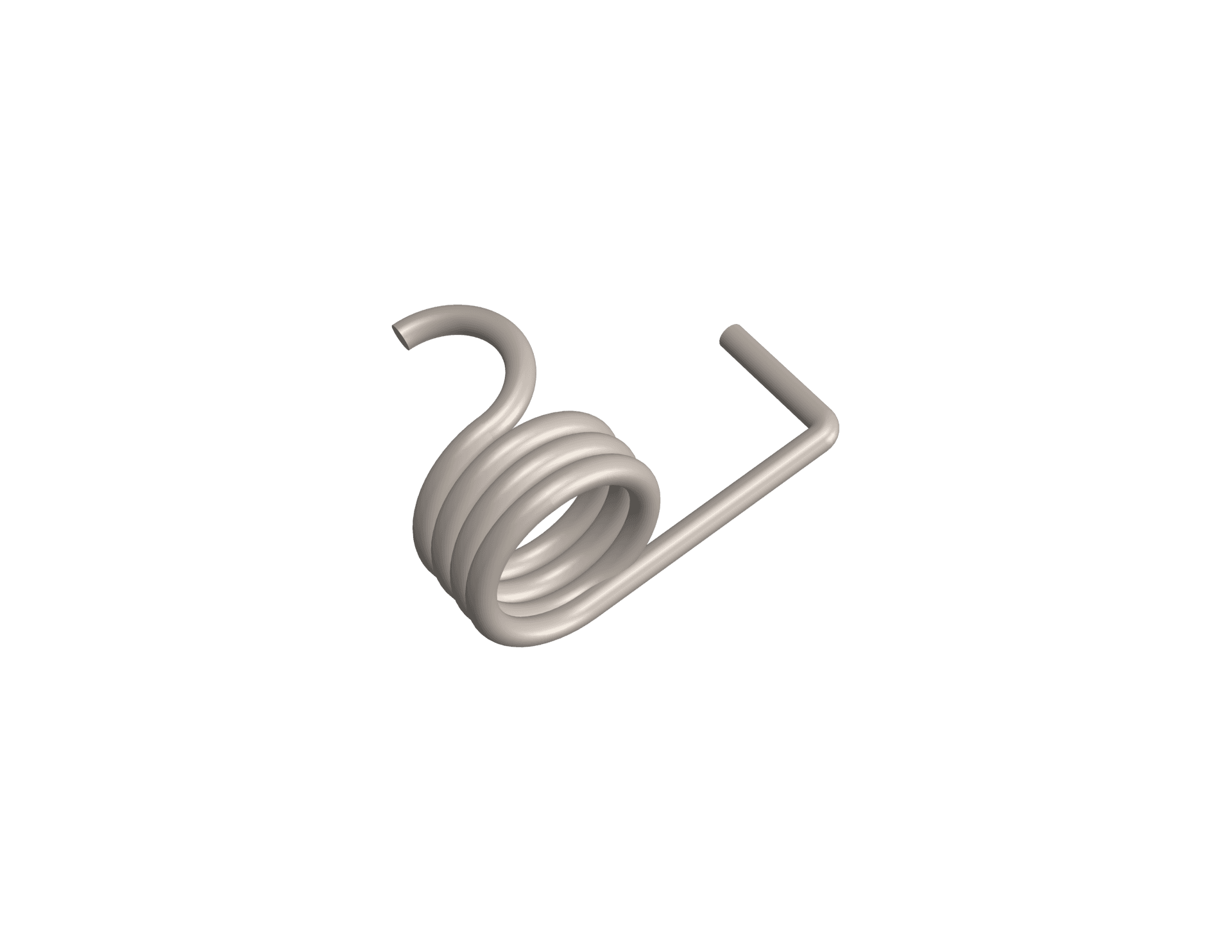 Commercial torsion spring with four closely wound coils, one short leg bent into a hook and one long straight leg extending at an angle.