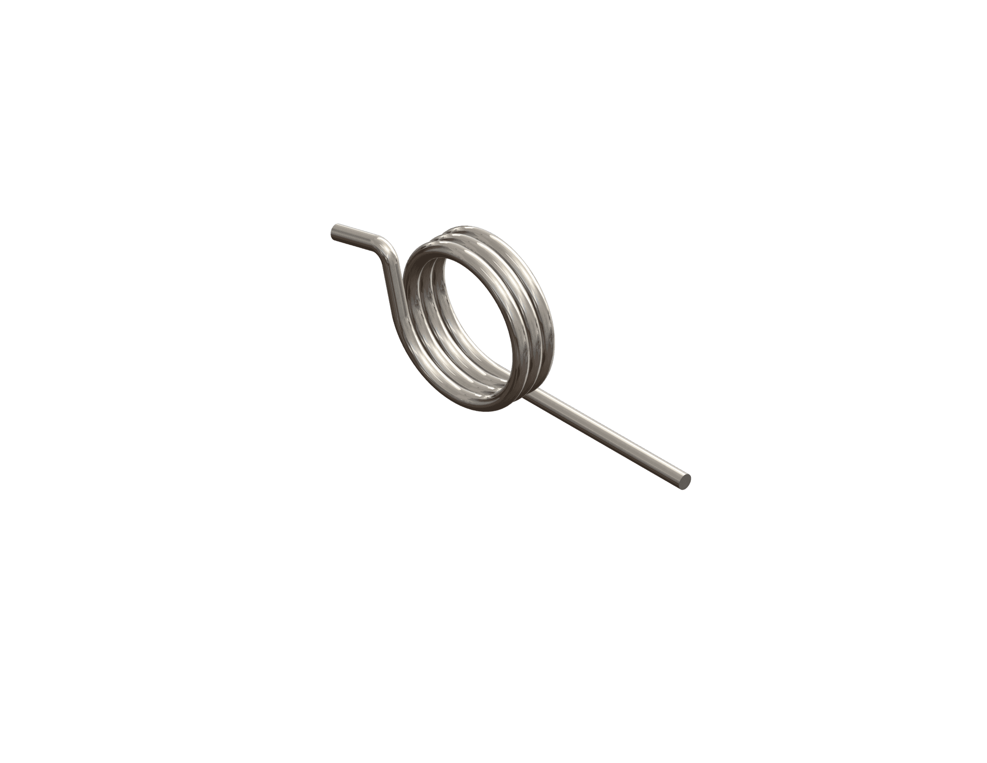 Stainless commercial torsion spring with four closely wound coils and two straight legs, one offset with a slight bend and the other extending straight from the coil body.