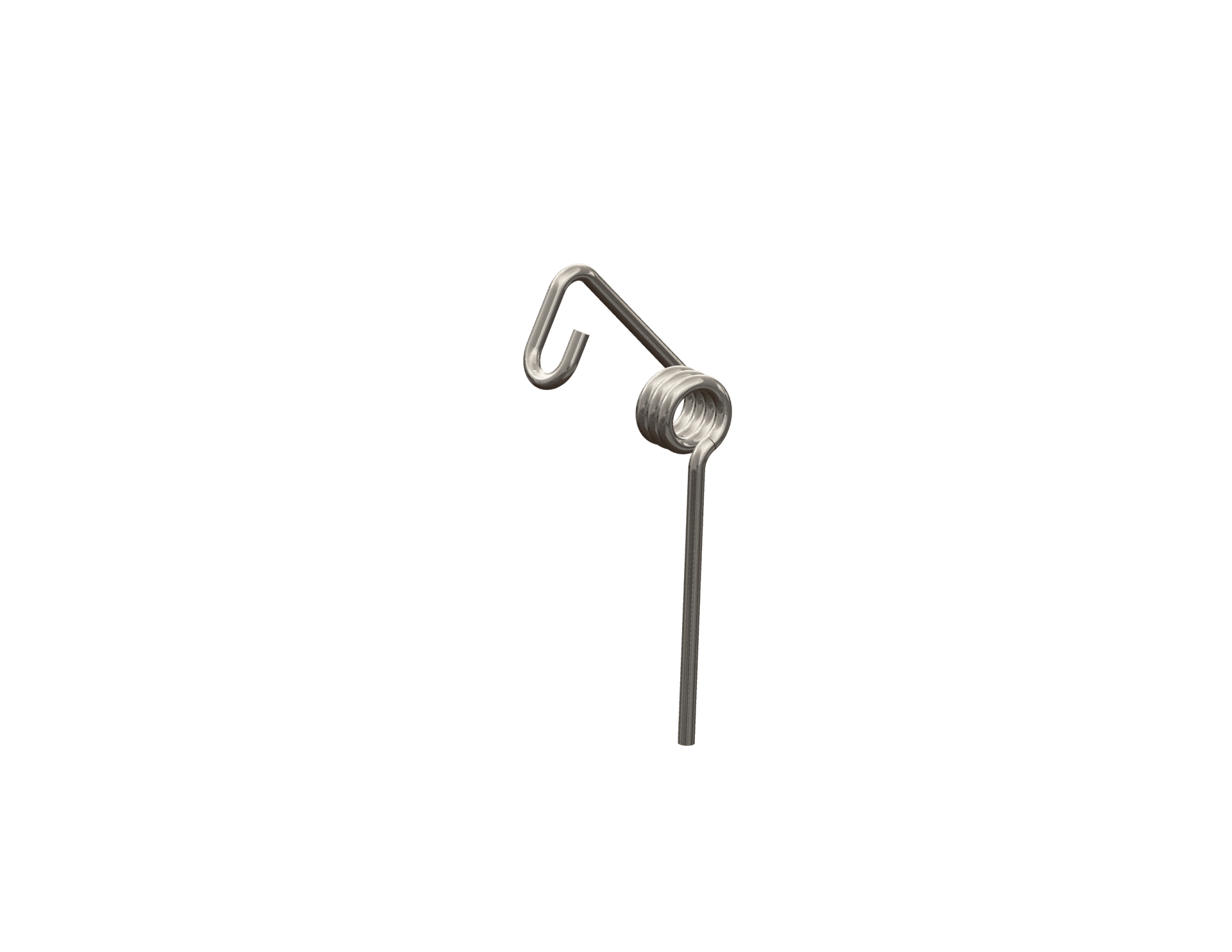 Orthodontic rotation spring formed from round wire with a central coil and two arms in different directions, one hooked and one straight.