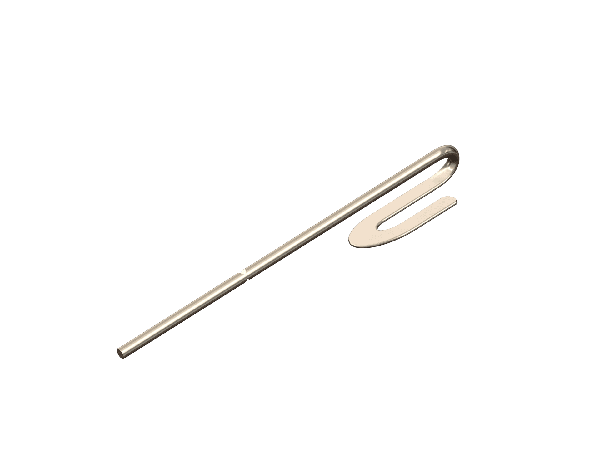 Metal medical wireform with a straight round cylindrical shaft and a curved S shaped flat section formed at the top end.