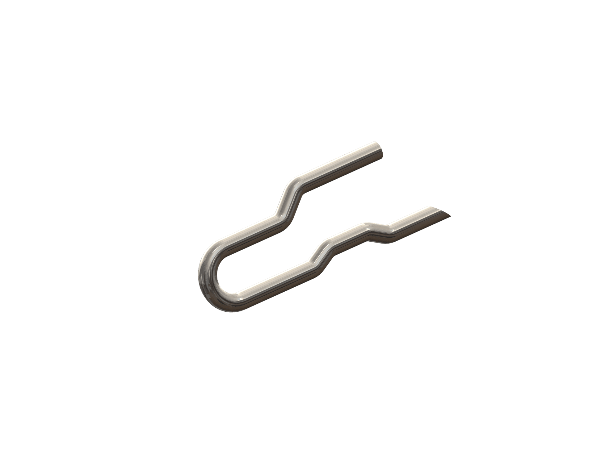 Medical wireform featuring a curved profile with an upward and downward bend along the bottom, a slight stepped bend on the top, and open ends, one diagonally cut.